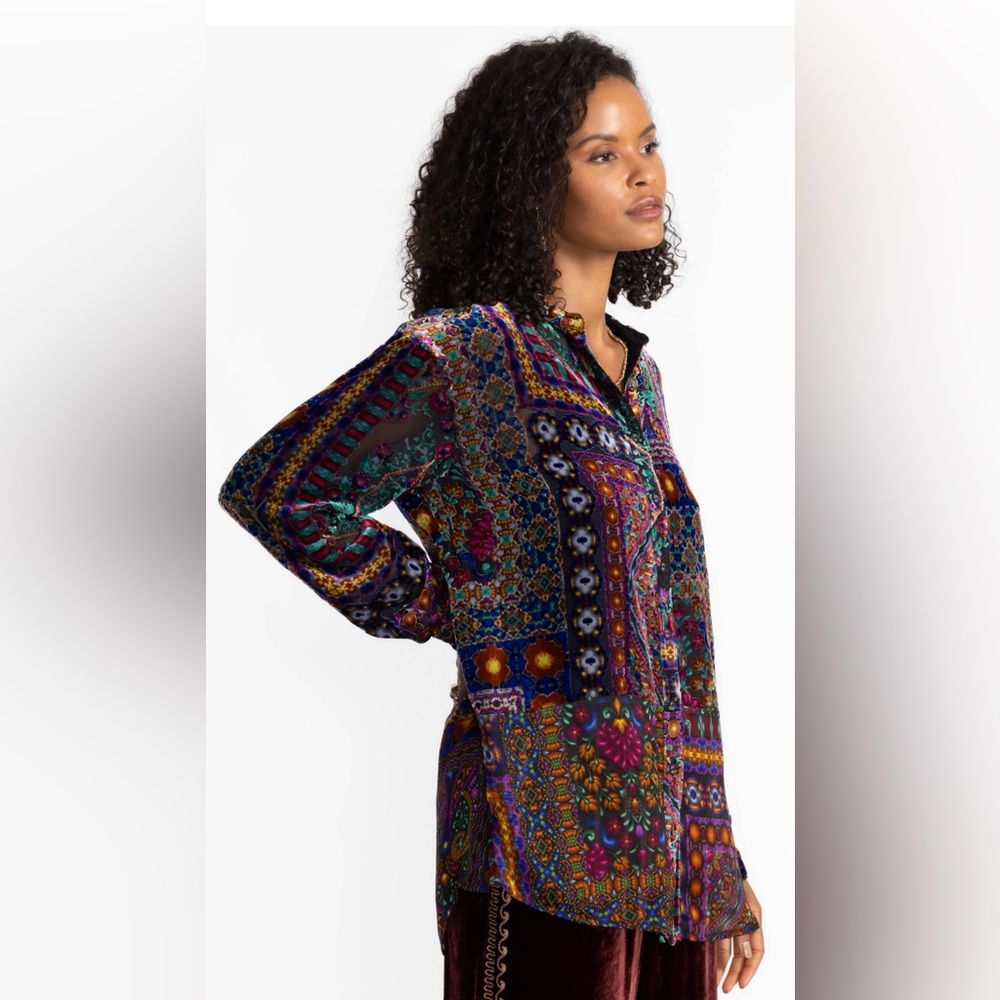 NWTs JOHNNY WAS Burnout Velvet Sophia Bingley Button Top Tunic Blouse SOLD OUT M